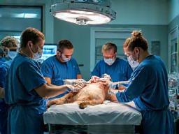 Busy veterinary team stabilising an injured animal