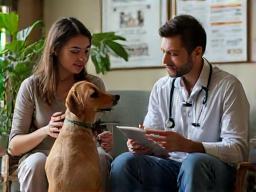 Vet consulting pet owner about dog’s nutrition